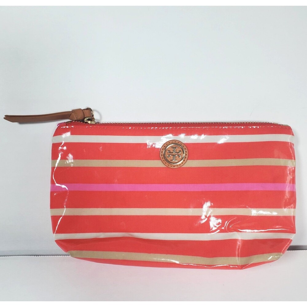 Tory Burch Women’s Makeup Bag Poppy Red Striped Case Cosmetic Pouch 5x9.25"